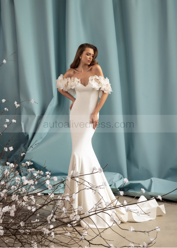 Off Shoulder Ivory Satin Big Flowers Wedding Dress